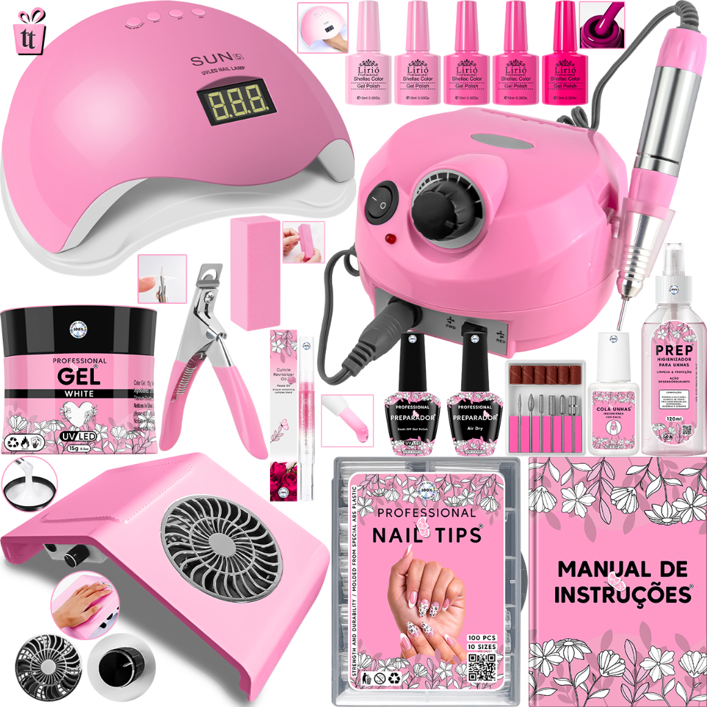 Kit Manicure para Unhas de Acrigel Gel Porcelana Cabine Sun 5 Lixadeira Elétrica Sugador Prep Caneta Óleo Caixa de Tips