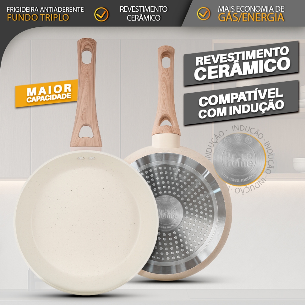 Frigideira Antiaderente Fundo Triplo 20,5cm Revestimento Cerâmica Indução Creme - Bhz Store