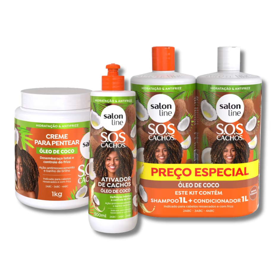 Kit SOS Cachos Coco Familia com Creme e Ativador 500ml Salon Line