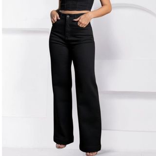Calça Wide Leg Preta Jeans Feminina Pantalona Cintura Alta Moda Gringa Premium 100% Algod…