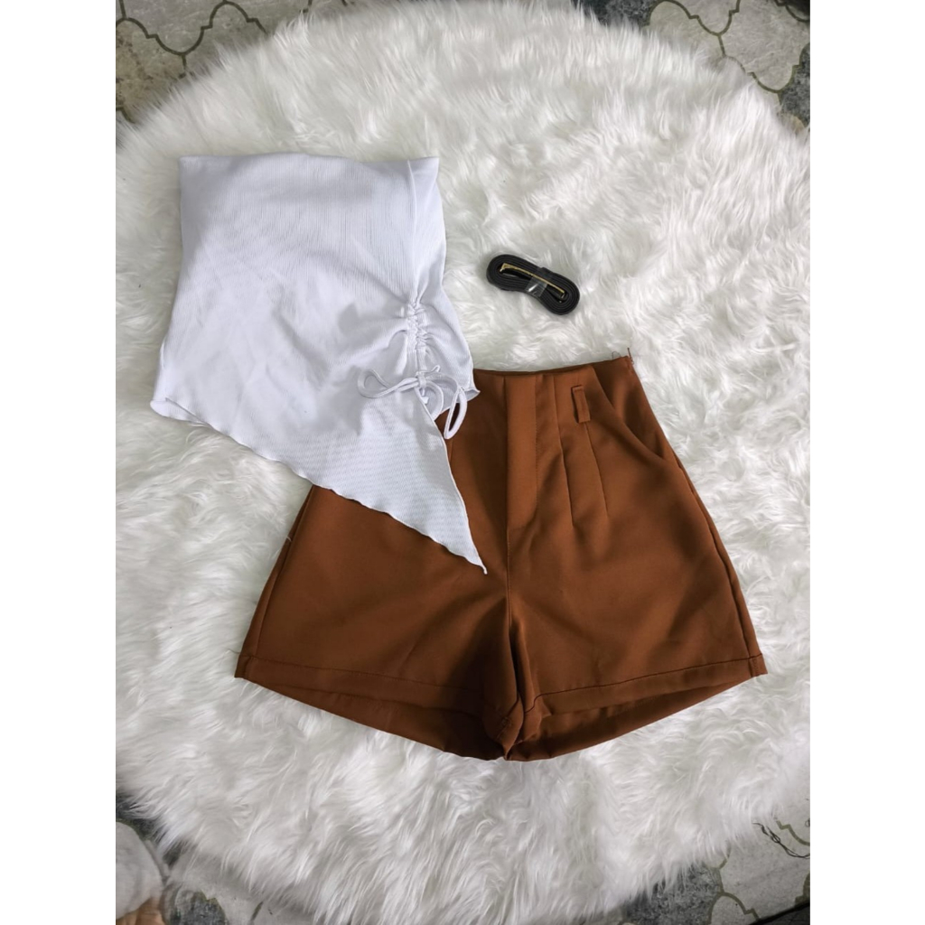 Conjunto Feminino Shorts Alfaiataria Com Bolsos E Blusinha Cropped Tomara que Caia Ajustável Bojo + Cinto De Brinde Tend em Oferta na Shopee