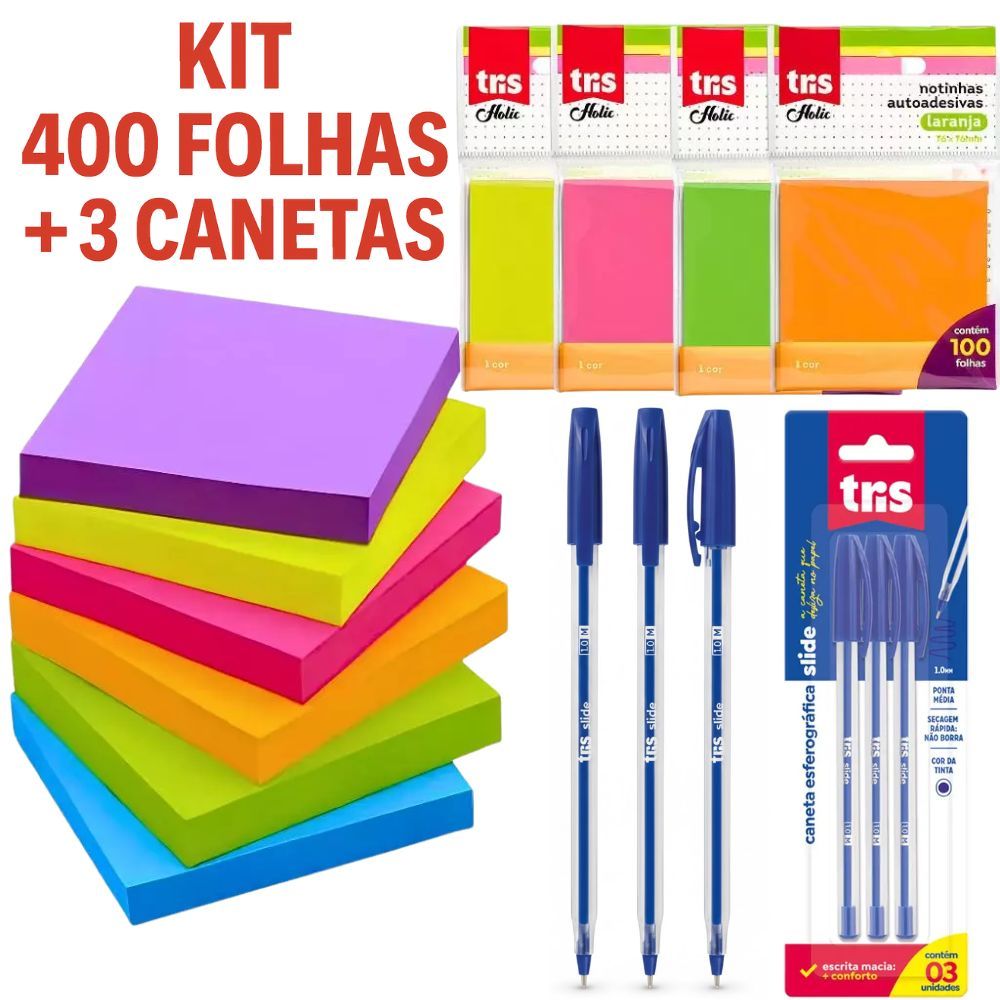 Kit Bloco De Notas 76x76mm 400 Bloco Adesivo Colorido + 3 Canetas Esferográfica