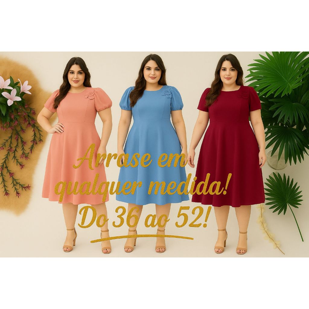 Vestido Midi Plus Size Soltinho 38 A0 50 Flôr Moda Evangélica Luxo Elegante Comportado Tamanhos Grande Godê