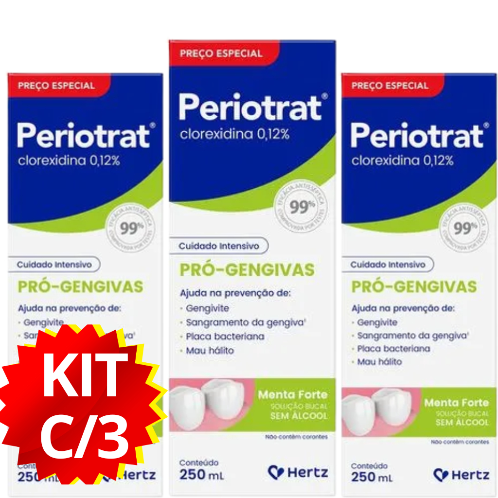 Enxaguante Bucal Periotrat Menta Forte 250ml Sem Álcool – Kit com 3 Unidades em Oferta na Shopee
