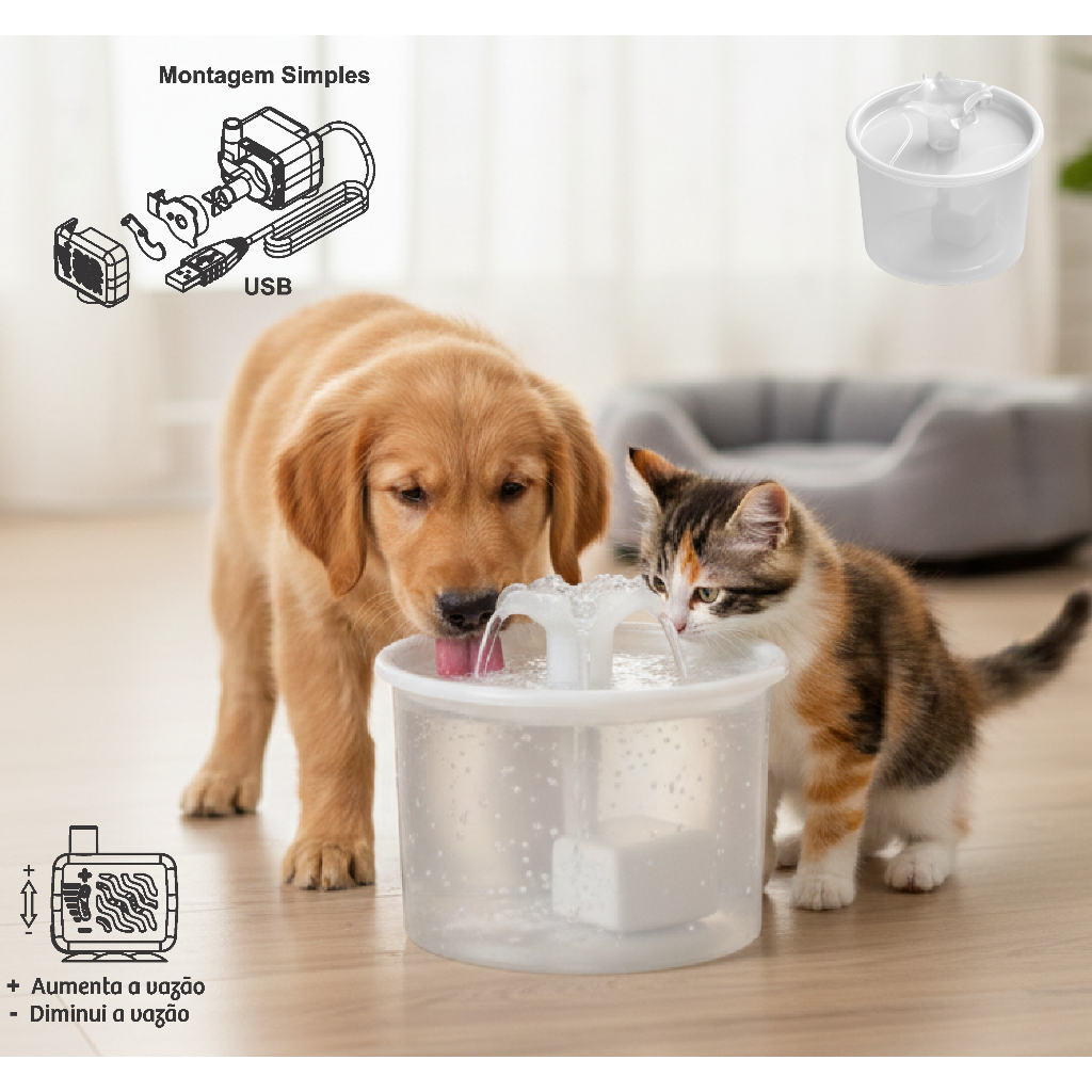 Fonte Bebedouro Clear Transparente com Filtro de Carvão - Acompanhe o nível de água