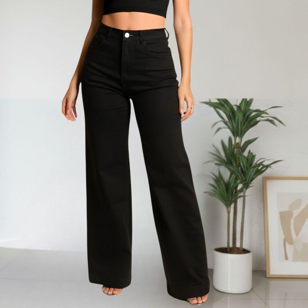 Calça Jeans Preta Wide Leg Feminina Pantalona Cós Alto Sem Lycra Social Elegante Moda Verão Gringa em Oferta na Shopee