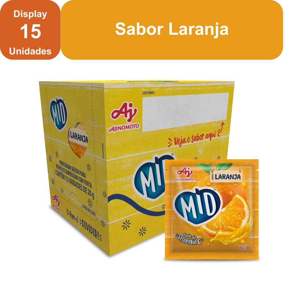 Kit Refresco em Pó MID® Sabor Laranja Com 15 Unidades de 20g