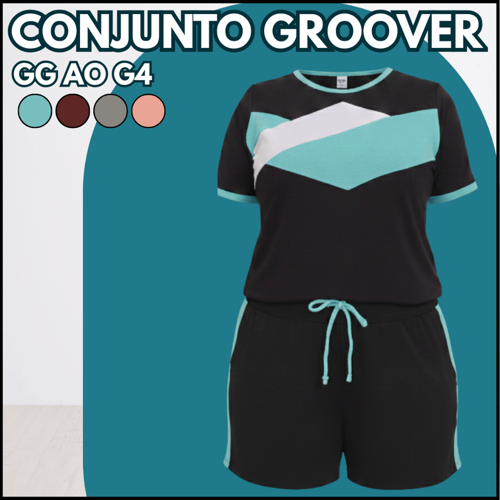 Conjunto Groover  Blusa Manguinha Bermuda Plus Size Cintura Alta Confortável Mulher Feminino Verão e