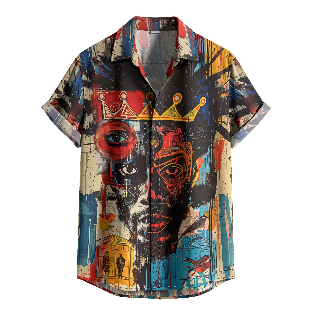 Camisa De Botão Homem Coroa Estilo Real Majestade Casual Moda Rei Rainha Arte Favela, Estilo Grafite [Ref-406]