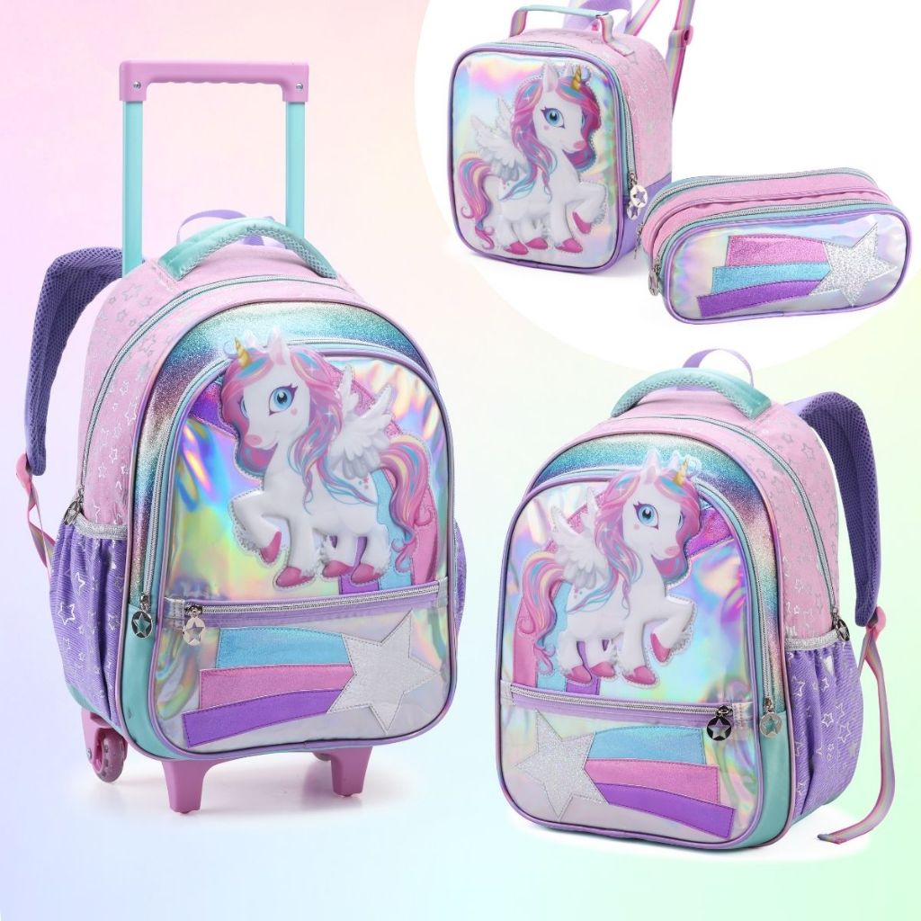 Mochila Escolar Feminina Infantil Menina Unicornio Com Rodinhas Estojo e Lancheira Térmica em Oferta na Shopee