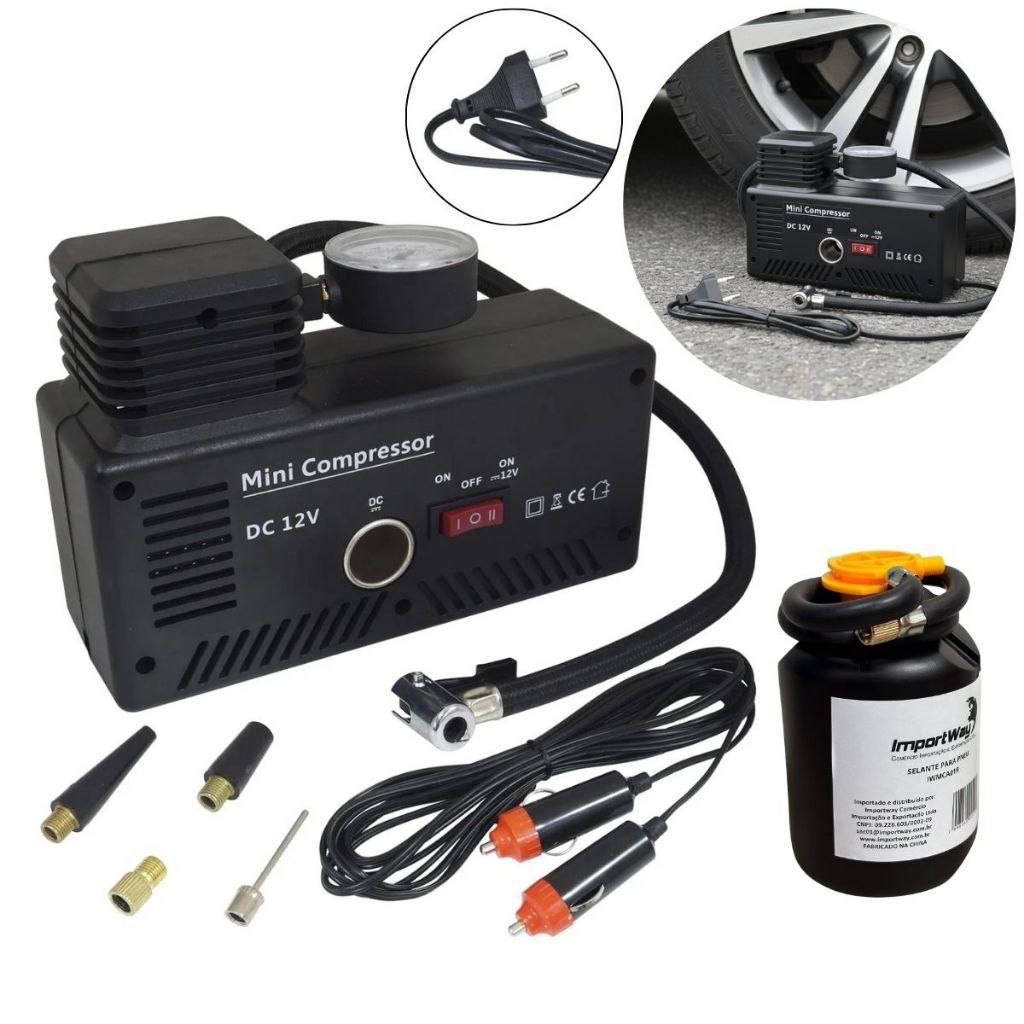 Mini Compressor Automotivo 12V 300PSI 30L/Min com Selante Portátil para Calibrar Pneus Cabo 3m e 3 Bicos Adaptadores em Oferta na Shopee