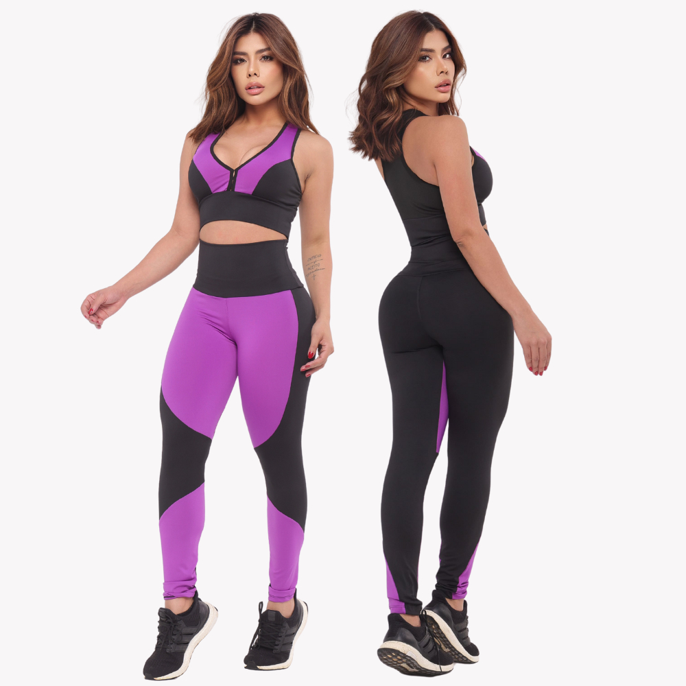 Conjunto Academia Feminino Calça Legging Cós Alta + Top Nadador Suplex Zero Transparência Treinos