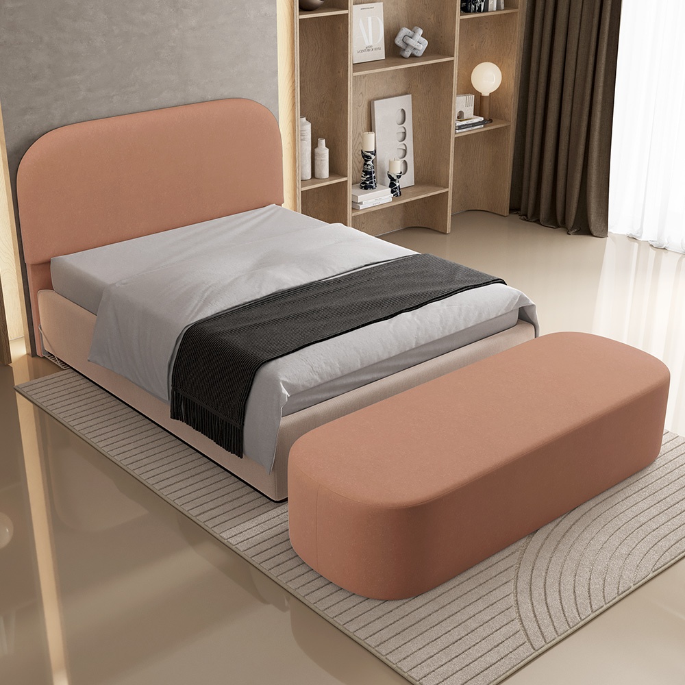 Cabeceira Cama Box Queen 160cm Lanna com Puff Recamier Doha W01  Linho Rosê - Lyam Decor