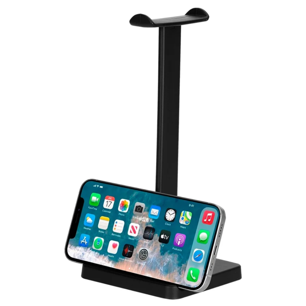 Suporte Para Fone De Ouvido Headset Headphone Mesa Portátil Com Apoio Para Celular Smartphone Preto