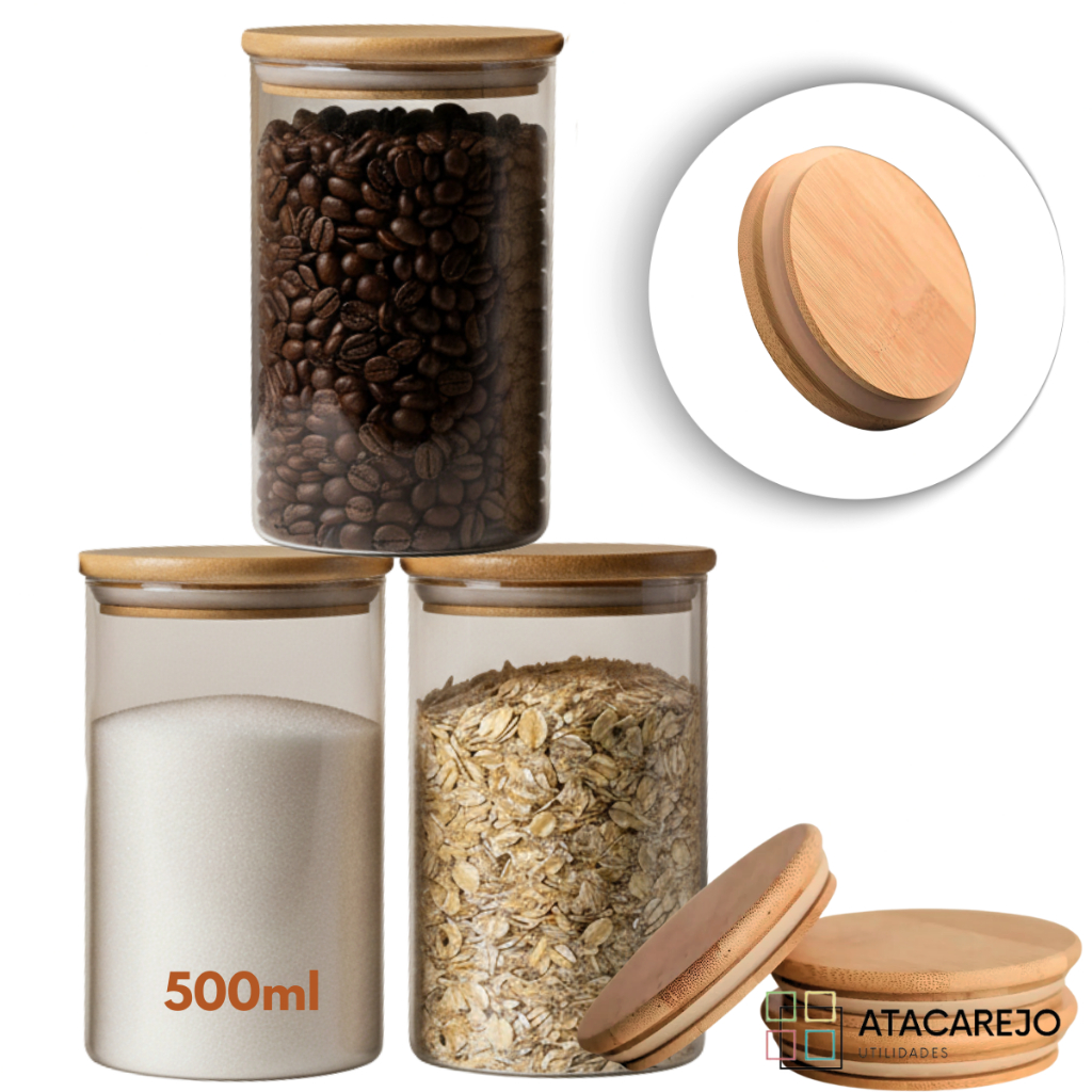Kit Potes Hermético De Vidro Redondo Tampa De Bambu 300ml 500ml
