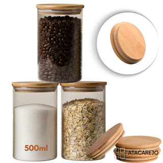 Kit Potes Hermético De Vidro Redondo Tampa De Bambu 300ml 500ml