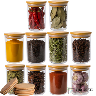 Kit de 10 Potes Hermético Vidro Redondo Tampa De Bambu 500ml em Oferta na Shopee
