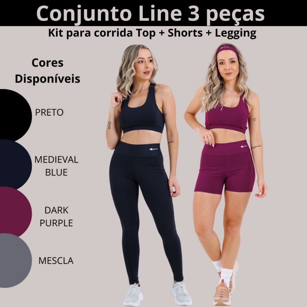 Kit Corrida Fitness Top, Shorts e Legging com Bolso Lateral em Poliamida para Academia