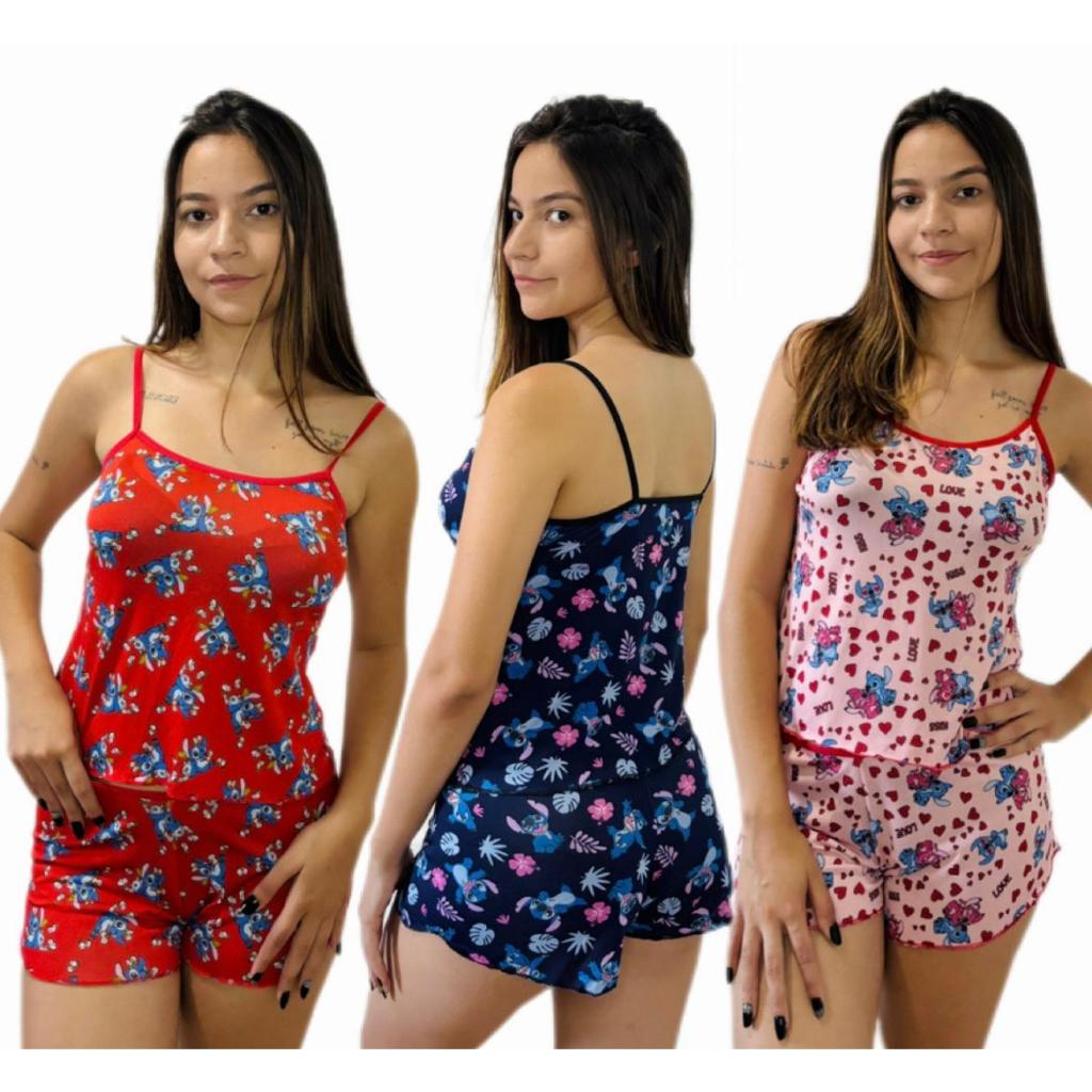 KIT COM 03 PIJAMAS SÃO TRÊS CONJUNTOS DE SHORT DOLL PIJAMA FEMININO