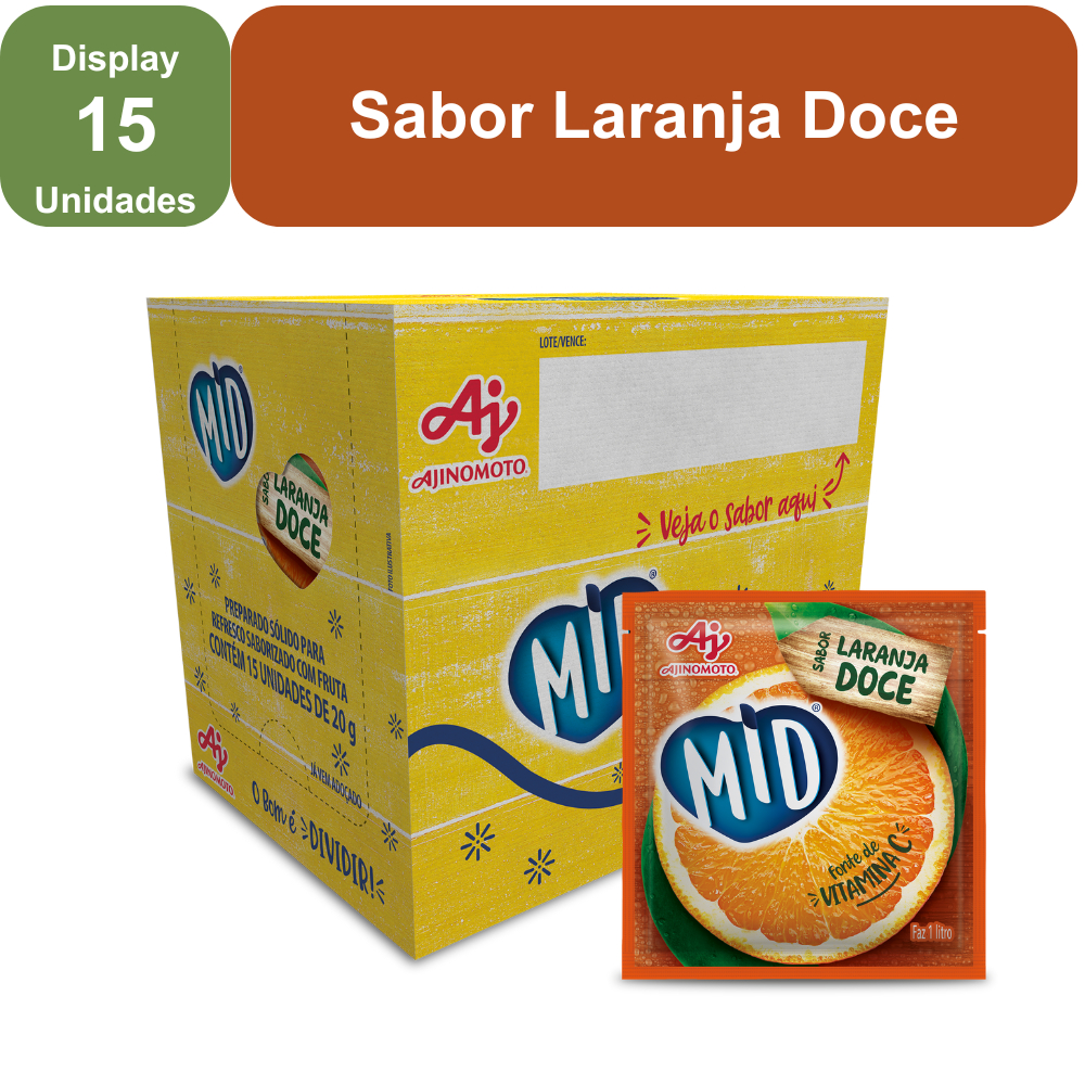 Kit Refresco em Pó MID® Sabor Laranja Doce Com 15 Unidades de 20g