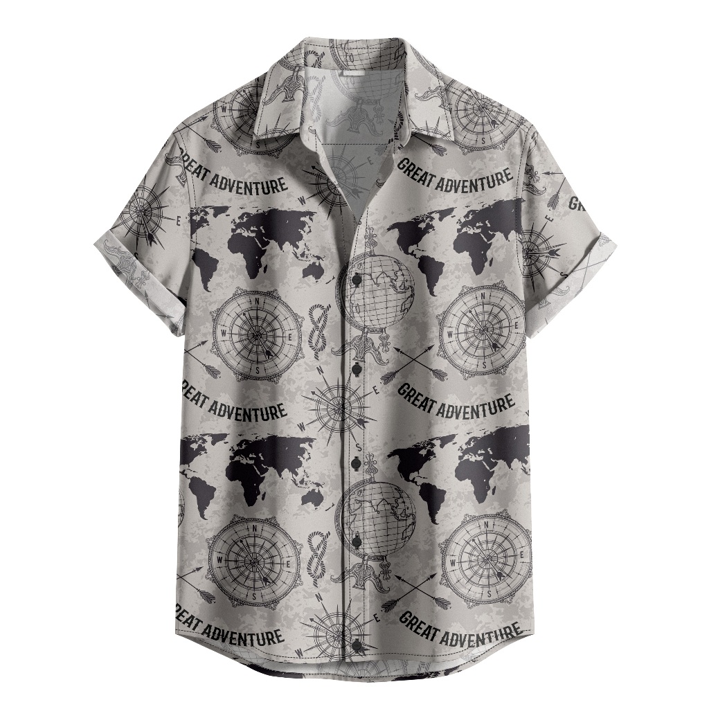Camisa De Botão Globo Bússola, Mapa Do Mundo E Rosa Do Vento Desenhada À Mão Retrô [Ref-458]