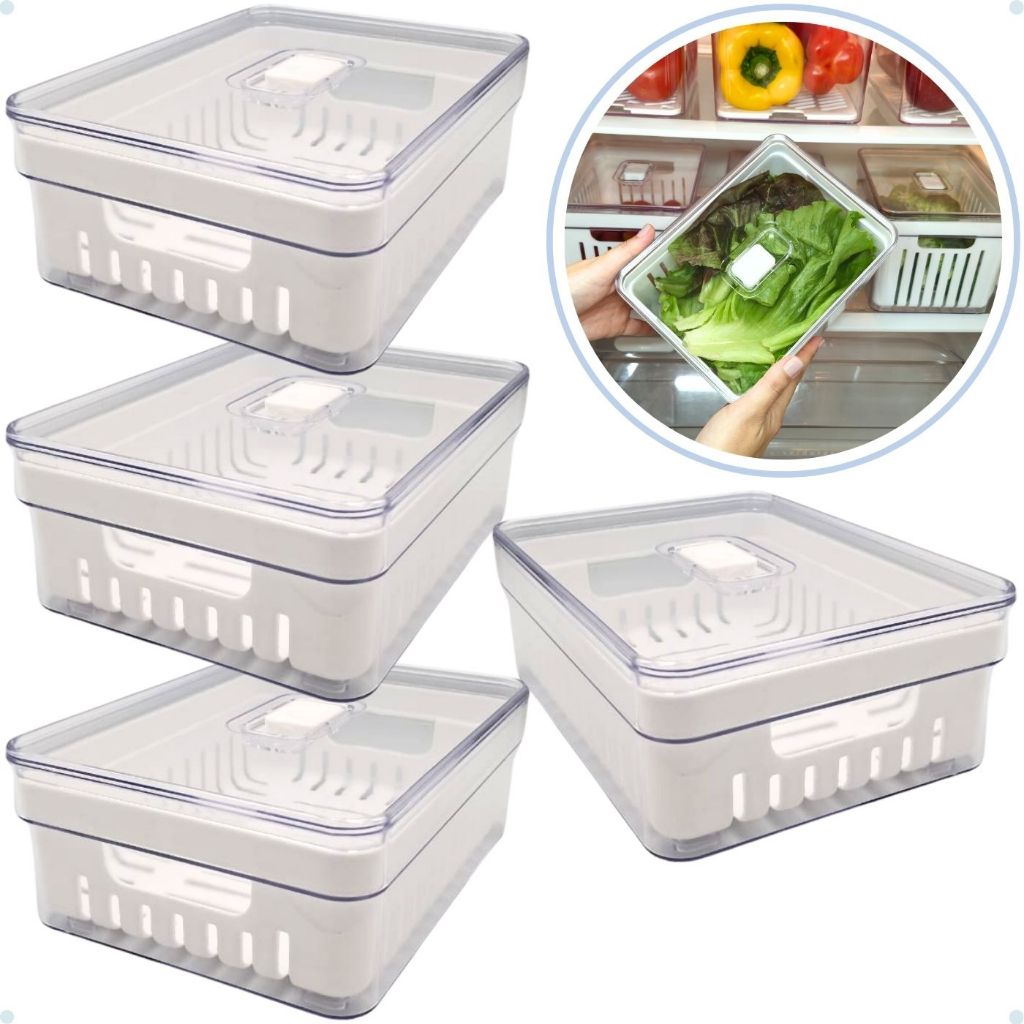 Kit com 4 Organizadores de Geladeira com Cesto e Tampa com Controle de Ventilação - 2 LITROS.