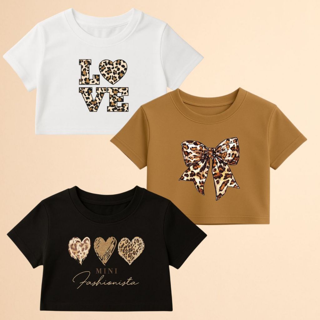 Cropped Infantil E Juvenil Kit 3 Blusa Coração Laço Algodão Animal Print Adolescente Roupa De Menina Fashion