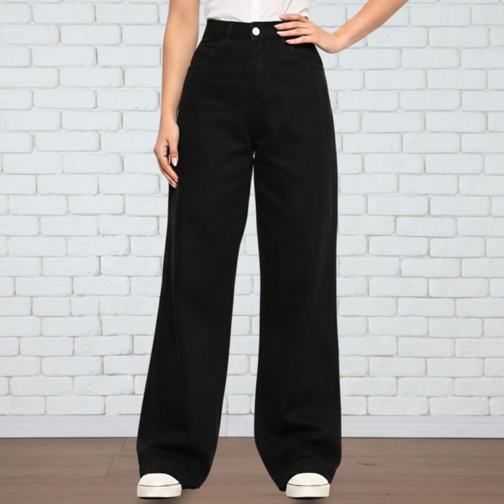Calça Jeans Feminina Cintura Alta Pantalona Wide Leg Boca Larga Preta Elegante 100% Algodão Premium
