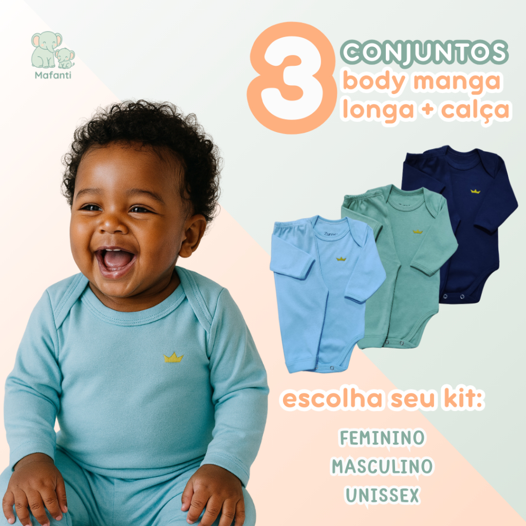 Kit 3 Conjuntos Bebê Body e Calça Menino Menina Neutro Unissex 100% Algodão Manga Longa Meia Estação 3 body 3 Calças