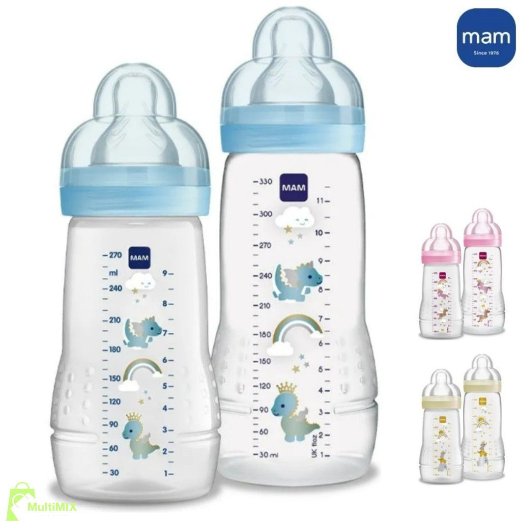 Kit 2 Mamadeiras Easy Active 270/330ml 2m + Neutra, Azul, Rosa - MAM Bebê ORIGINAL ENVIO IMEDIATO