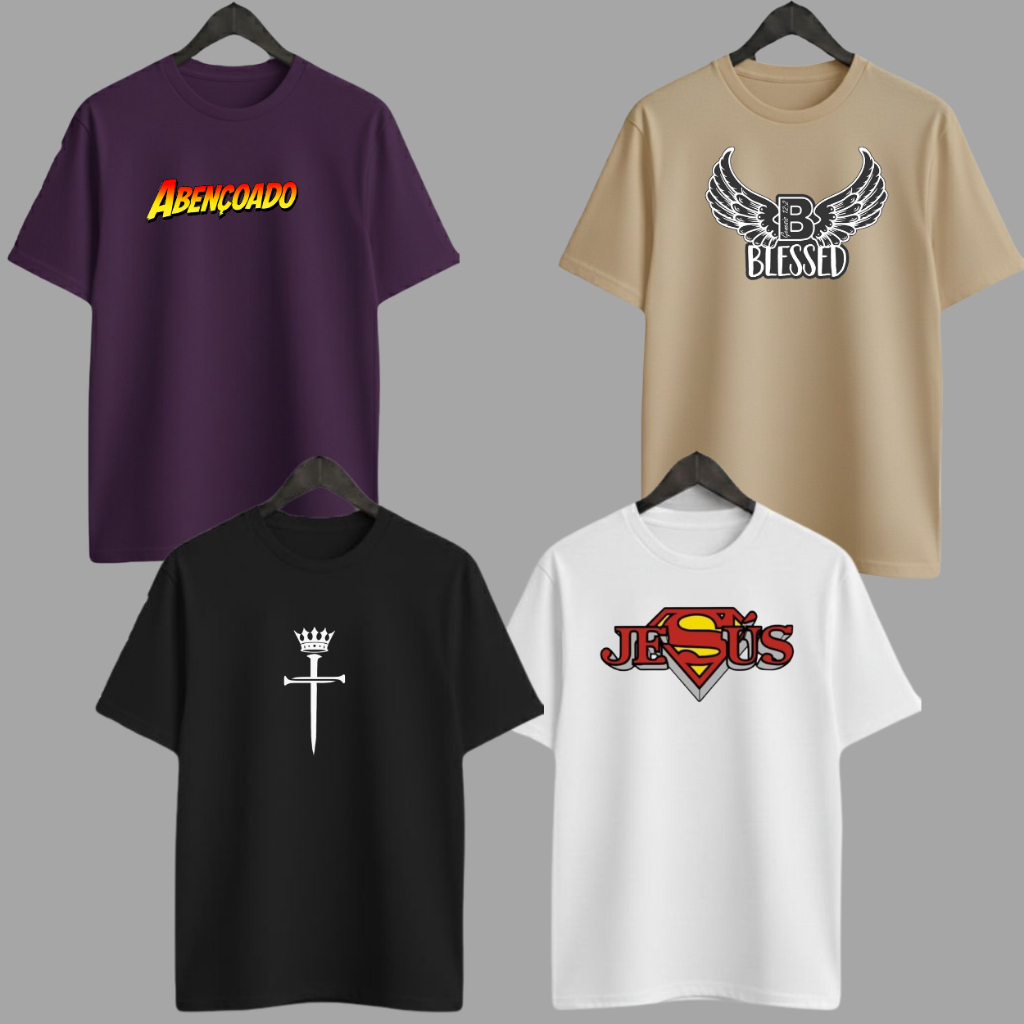 Kit Conjunto 4 Camiseta Masculina Streetwear 100% Algodão Estampada Cristo Moda Evangélica Camisa Unissex Premium