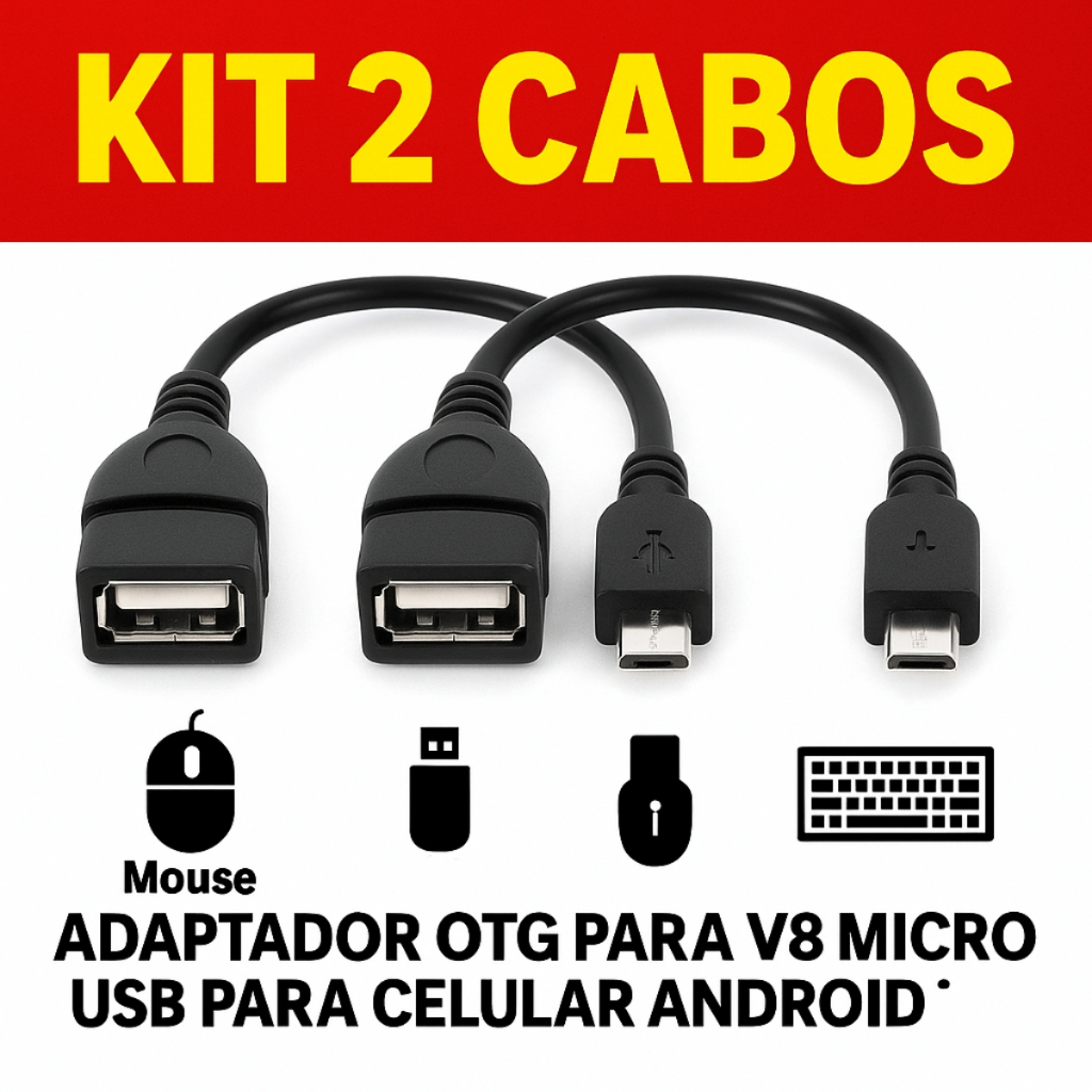 Kit 2 Cabos Adaptador OTG para V8 Micro USB Para Celular Android Conecta Mouse Pen Drive Teclado