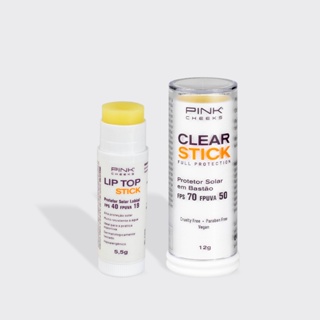 Combo Proteção Solar PINK CHEEKS - Clear Stick + Lip Top em Oferta na Shopee