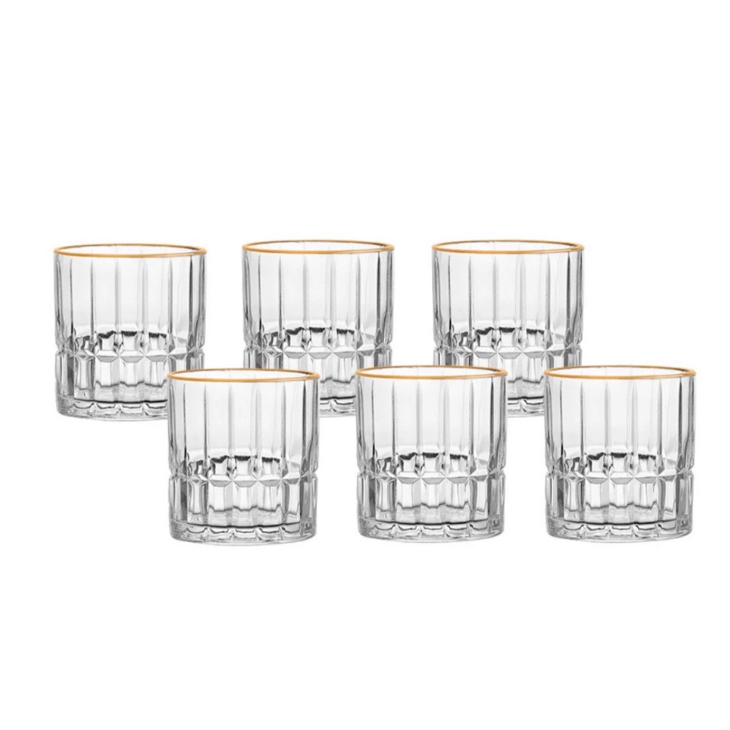 Jogo de 6 Copos Baixo Cristal 310ml Com Borda Dourada Suco Agua Drinks Hauskfraft