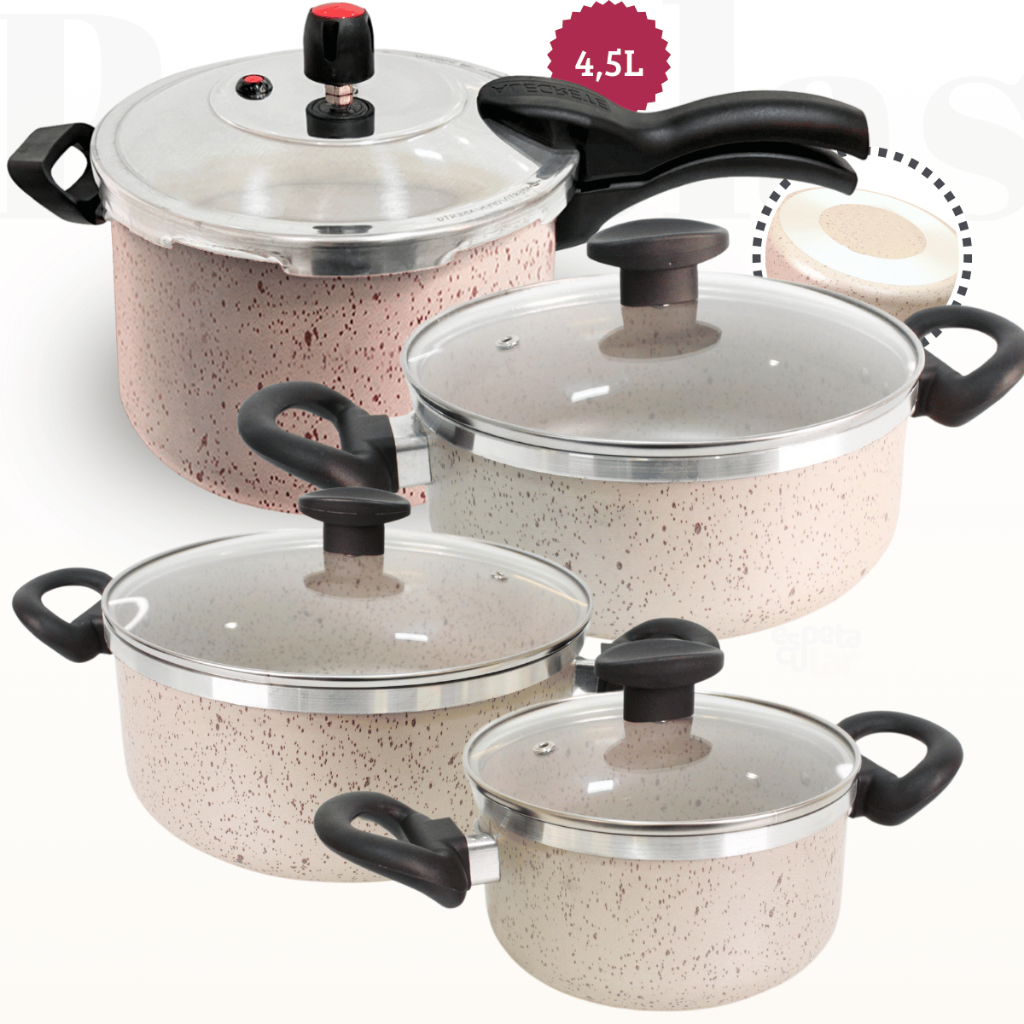 Jogo 3 Panelas + Panela de Pressão 4,5L Antiaderente Alumínio Grosso Bege, Cinza e Vermelha
