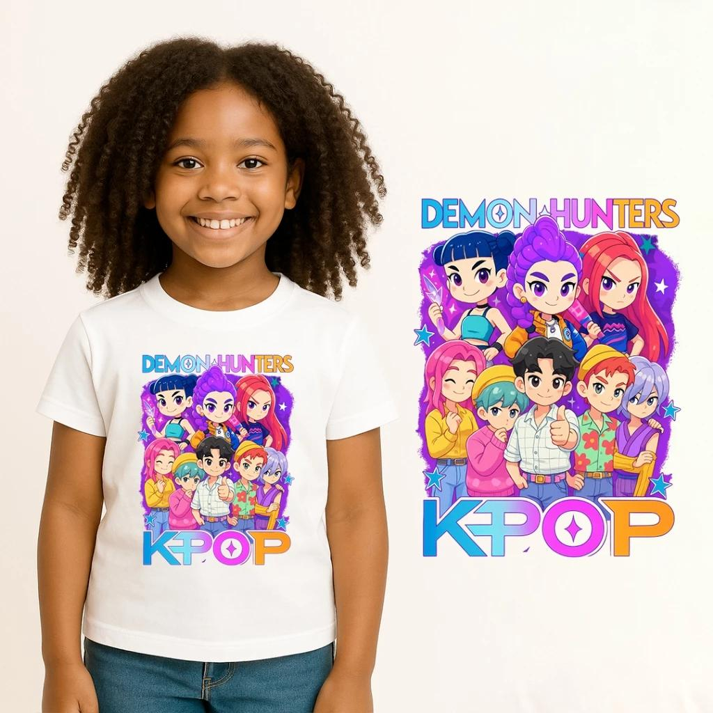 Camiseta Infantil Estampada Huntrix Kpop Filme em Alta Desenho Criança Blusinha Guerreiras do Kpop
