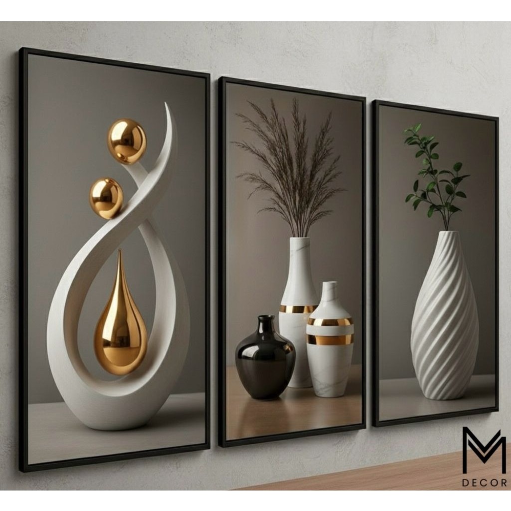 Quadro Decorativo 3 Peças Abstrato Geométrico Moderno Estilo Zen Decoração Sala Quarto Escritório