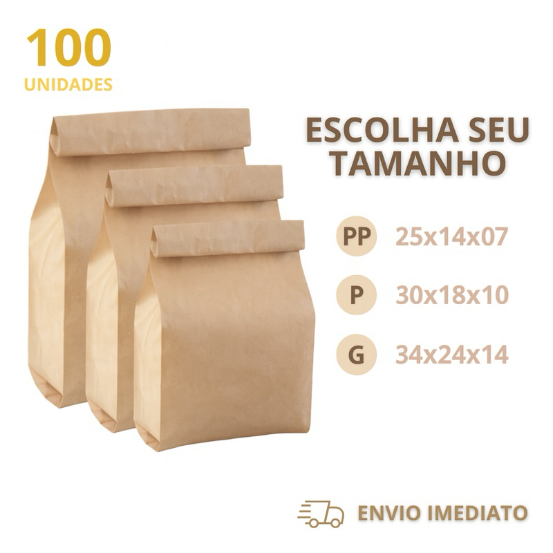 Sacos Papel Kraft  Para Delivery / 3 tamanhos / 100 unidades em Oferta na Shopee