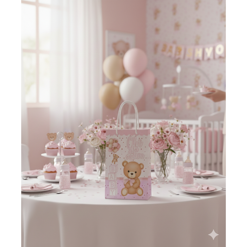 Sacolinha (P) | Sacola Chá de Bebê Menina Ursinha Rosa Personalizada | Lembrancinha de Chá de Bebê | PEGUE E MONTE
