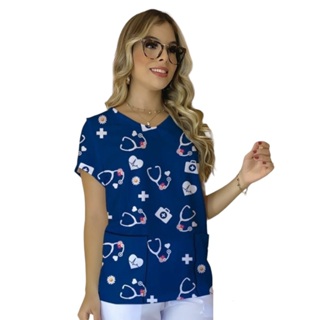 Scrubs Blusa Feminino Enfermagem Tecido de Malha Flame em Oferta na Shopee