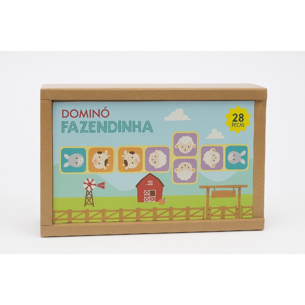 Brinquedo Educativo Dominó Infantil Fazendinha Madeira MDF 28 Peças Jogo Resistente Crianças