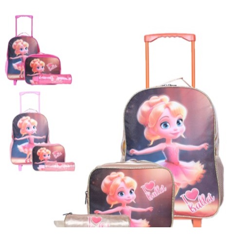Kit Mochila com Rodinhas Lancheira Estojo Escolar para 2026 Infantil Feminina I Love Ballet