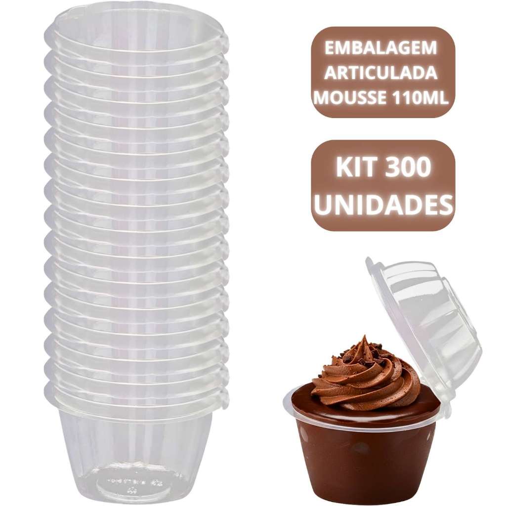 Embalagem Plástica Articulada Para Bolo de Pote Mousse 110Ml Com 300 Unidades