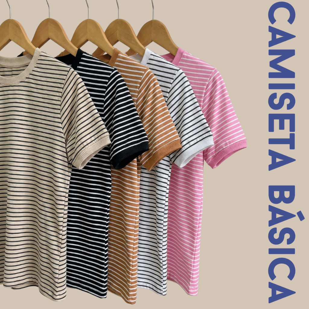 Camiseta Feminina Listrada T-shirt Manga Curta 100% Algodão Premium em Oferta na Shopee