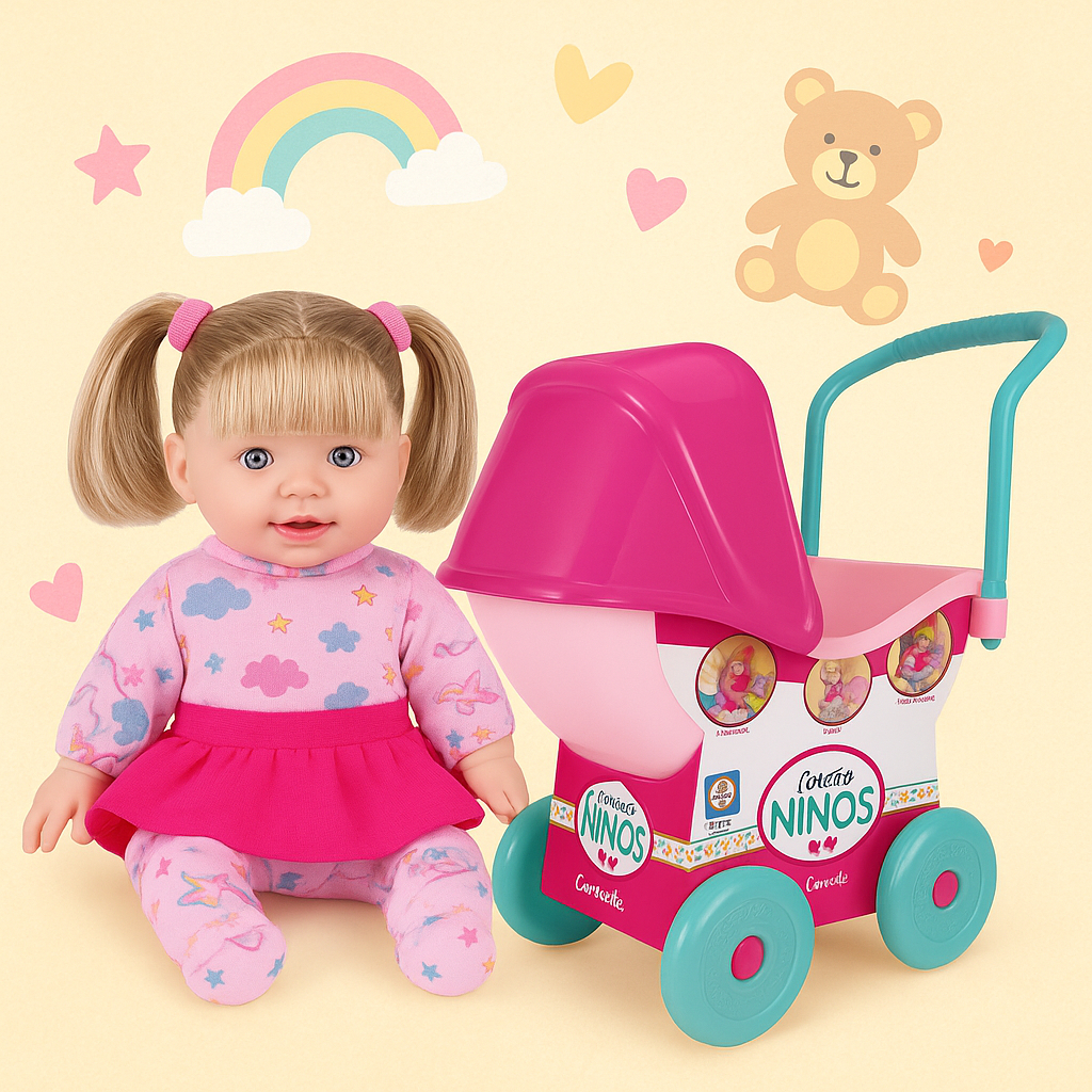 Carrinho De Boneca + Boneca De Pano Com Cabelo Baby Fofura Niños Cotiplás Plástico Rosa Menina em Oferta na Shopee