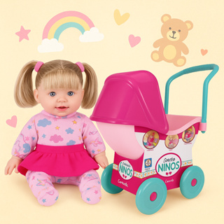 Carrinho De Boneca + Boneca De Pano Com Cabelo Baby Fofura Niños Cotiplás Plástico Rosa Menina em Oferta na Shopee