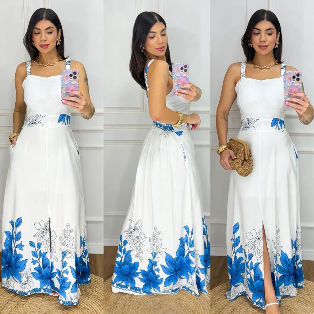 Vestido  feminino longo com forro e bojo alcinha ajustavel, floral com fenda e elastex nas costas em Oferta na Shopee