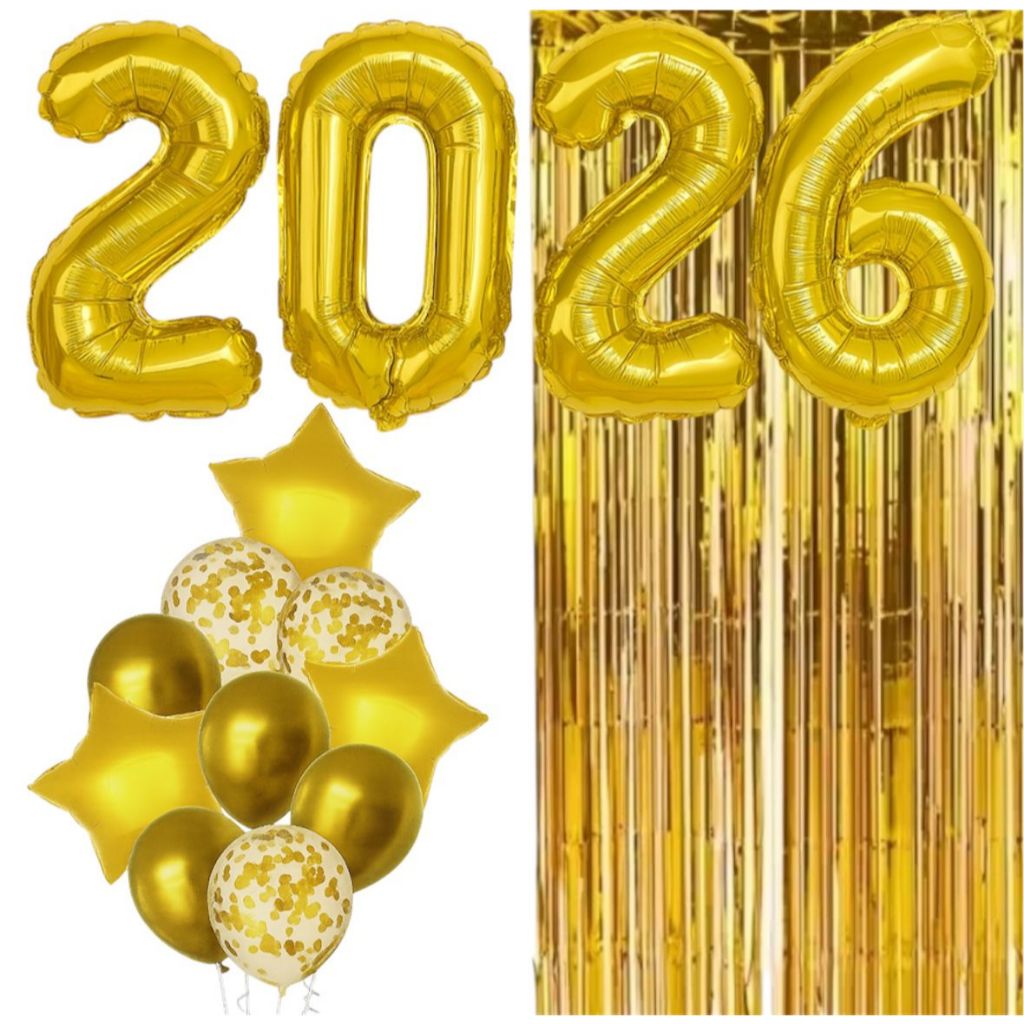 Kit 2cortina Metalizada +10 bexiga+ Balão 2026 Ano Novo