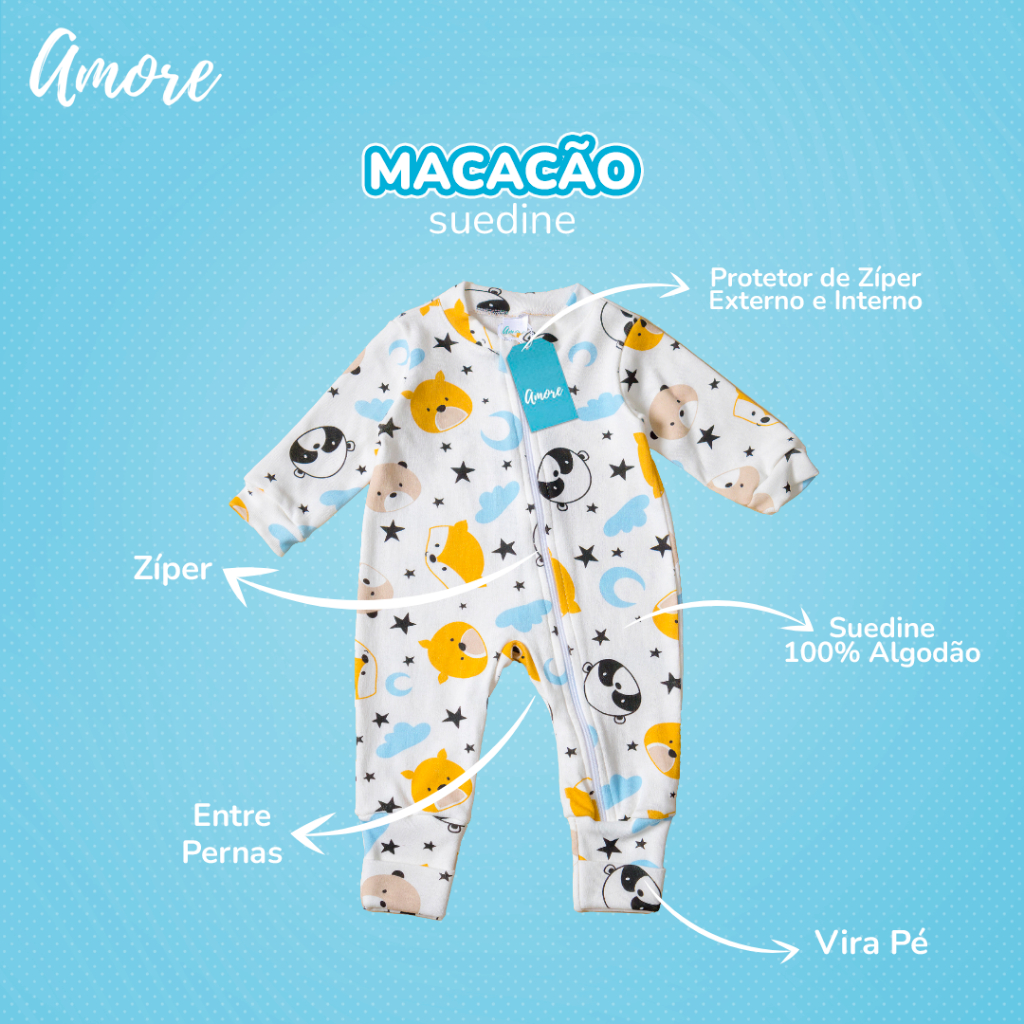 Roupa Bebê Macacão Amore Vira Pé Estampado com Zíper Menina Menino Confortável 100% Algodão · foto 2