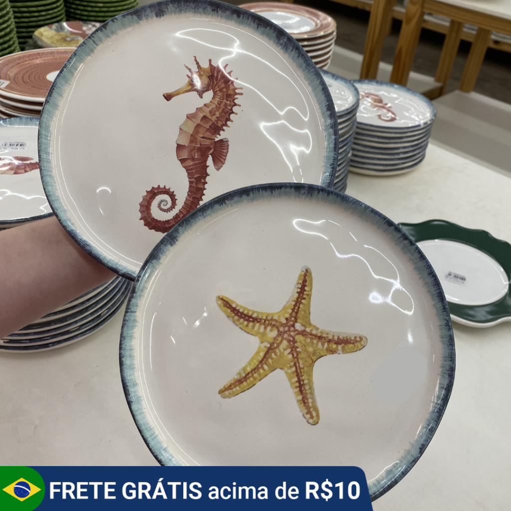 Kit 6 Pratos de Sobremesa Marinhos – Estrela-do-Mar & Cavalo-Marinho – Cerâmica Scalla